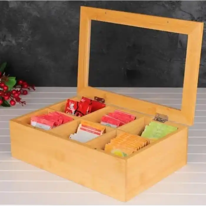 Promosyonca Orjinal Bambu Organizer, Çay Kutusu, Takı Kutusu, Mıknatıslı Kapak, Premium Kalite (6 Şeffaf Kapak)