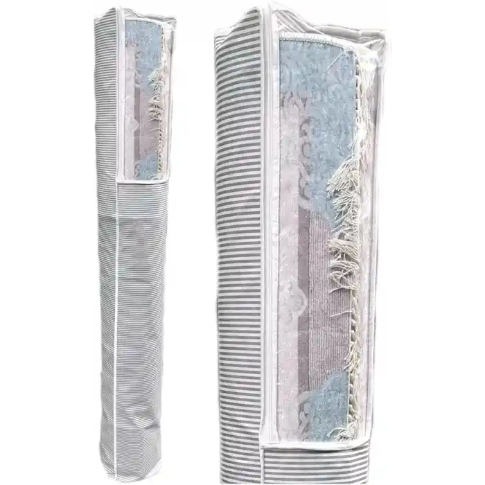 Pencereli Halı Hurcu Gri Çizgili – Fermuarlı Toz Geçirmez Organizer Hurç, Büyük Kapasiteli Saklama Torbası (1 Adet) (6m² 38x210 Cm)