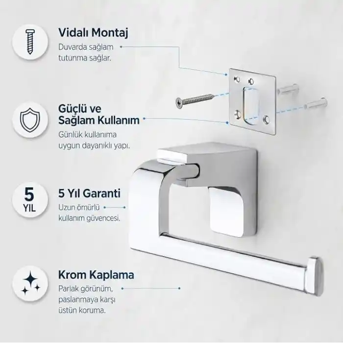 Alper Banyo F1 Model Lüx Paslanmaz Krom Tuvalet Kağıdı Askısı, Montajlı Metal WC Kağıtlık, Parlak Krom Banyo Aksesuarı, Duvara Vidalı Tuvalet Kağıdı Tutucu, 5 Yıl Garantili