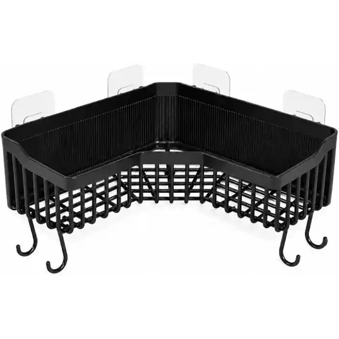 Orret Home Yapışkanlı Köşe Banyo Rafı Şampuanlık Duş Organizeri Lif Askılı Delmeden Montajlı Plastik Banyo Düzenleyici Köşelik Raf Siyah 25x25 cm