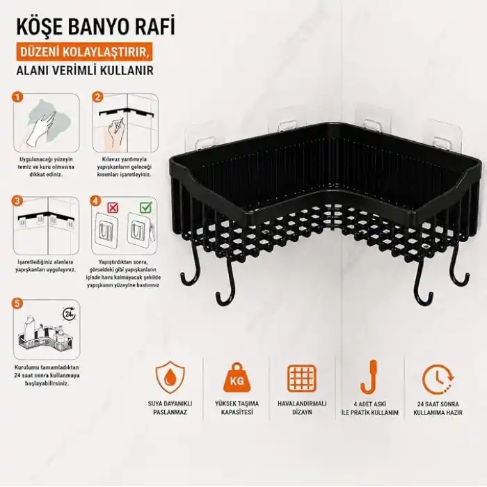Orret Home Yapışkanlı Köşe Banyo Rafı Şampuanlık Duş Organizeri Lif Askılı Delmeden Montajlı Plastik Banyo Düzenleyici Köşelik Raf Siyah 25x25 cm
