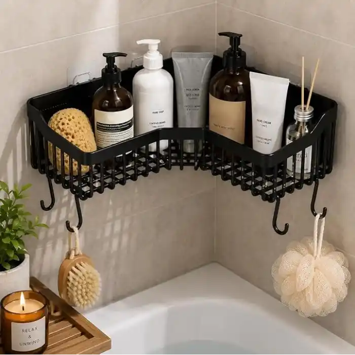 Orret Home Yapışkanlı Köşe Banyo Rafı Şampuanlık Duş Organizeri Lif Askılı Delmeden Montajlı Plastik Banyo Düzenleyici Köşelik Raf Siyah 25x25 cm