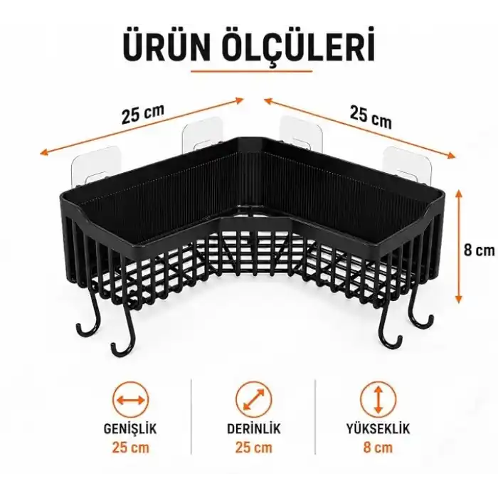 Orret Home Yapışkanlı Köşe Banyo Rafı Şampuanlık Duş Organizeri Lif Askılı Delmeden Montajlı Plastik Banyo Düzenleyici Köşelik Raf Siyah 25x25 cm