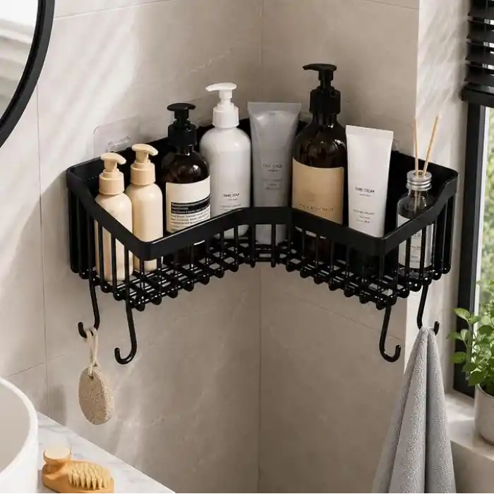 Orret Home Yapışkanlı Köşe Banyo Rafı Şampuanlık Duş Organizeri Lif Askılı Delmeden Montajlı Plastik Banyo Düzenleyici Köşelik Raf Siyah 25x25 cm