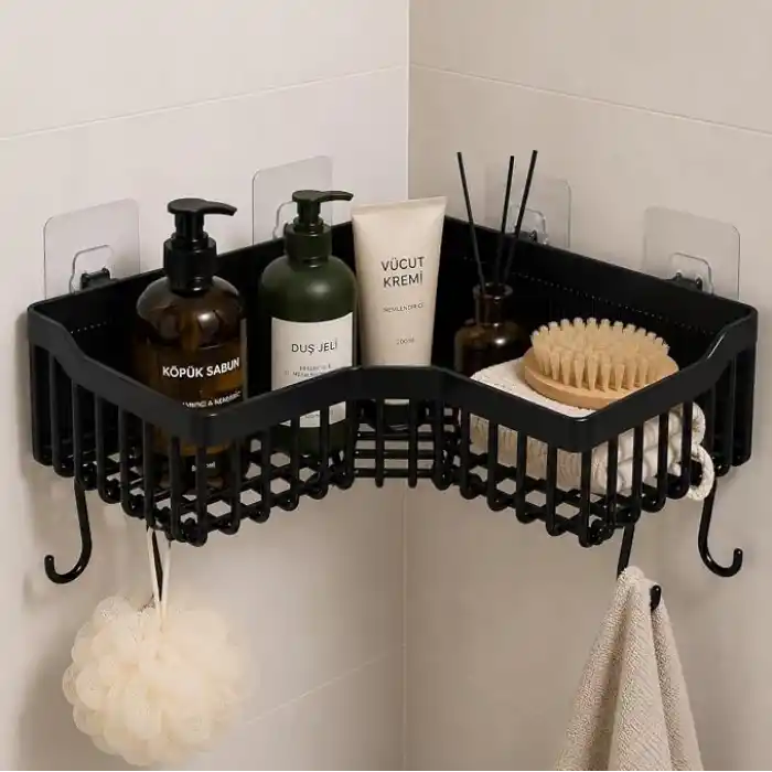Orret Home Yapışkanlı Köşe Banyo Rafı Şampuanlık Duş Organizeri Lif Askılı Delmeden Montajlı Plastik Banyo Düzenleyici Köşelik Raf Siyah 25x25 cm
