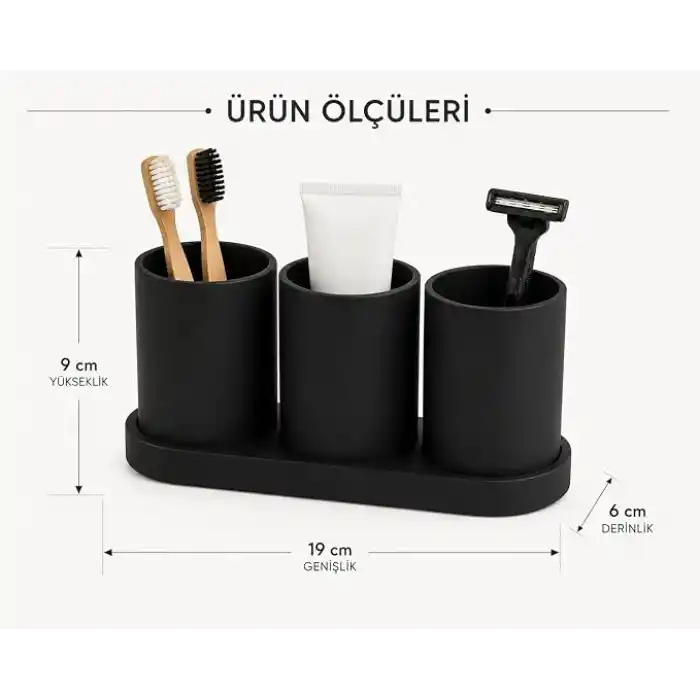 3 Bölmeli Diş Fırçası Organizeri, 19x6x9 cm, Mat Siyah