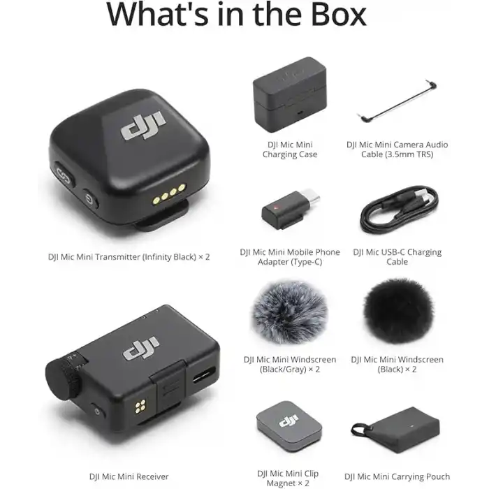 DJI MIC Mini (2Tx + 1 Rx Şarj Kutusu), Ultra Hafif, HQ Ses, 48 Saat Kullanım, Gürültü İptali, Otomatik Limit, Kablosuz Mikrofon, Kamera/Iphone/Android, Vlog, Akış İçin