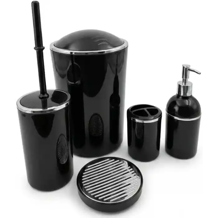 5 Parça Yuvarlak Lüks Banyo Seti – Sert Plastik Çöp Kovalı, Sıvı Sabunluklu, Diş Fırçalıklı ve Klozet Fırçalı Standart Banyo Takımı, Düzenleyici ve Aksesuar Seti (Krom-Siyah)