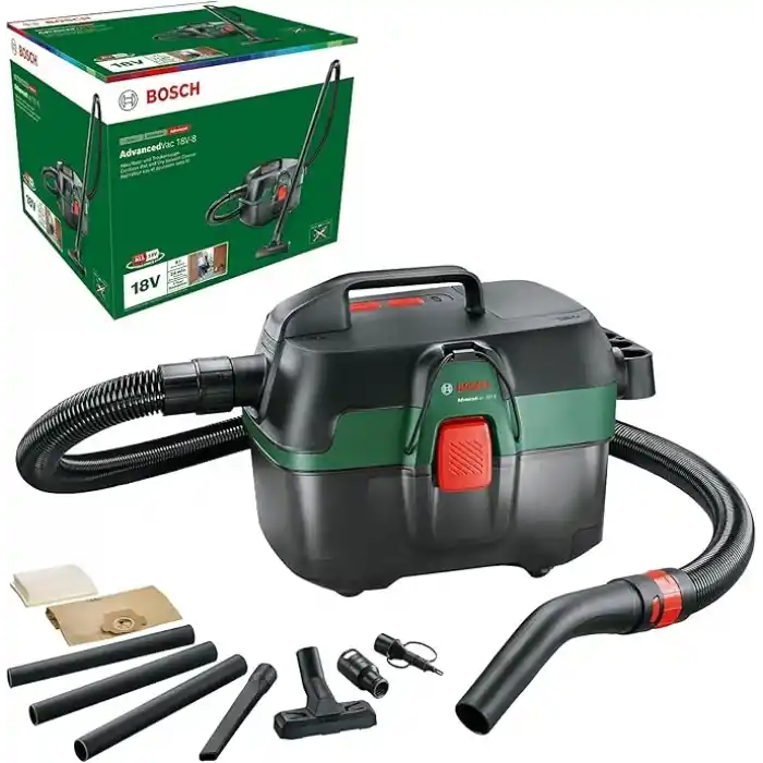 Bosch AdvancedVac 18V-8 akülü ıslak ve kuru elektrikli süpürge (aküsüz, 18 Volt sistem, aksesuar seti ile, kartonda), test notu: çok iyi (şarjör: Mann kendisi mi)
