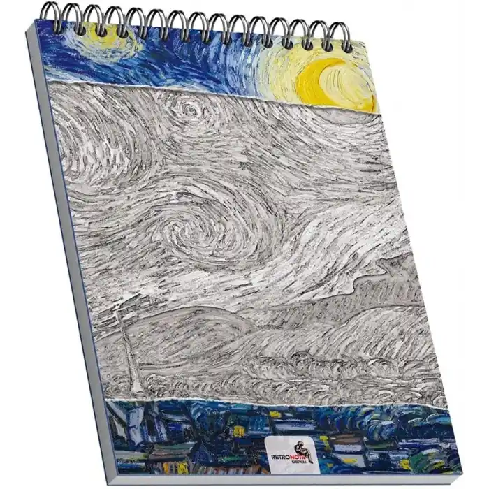 Retronote The Starry Night, Van Gogh 1889, A5 Eskiz Defter I, Çizgisiz, 100 Sayfa, 100 gram, Beyaz Renk, Spiralli, Sketchbook