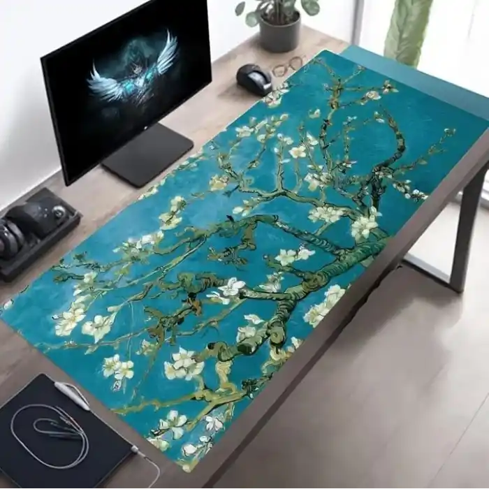 McStorey Van Gogh Desenli Masa Pedi 60x30 cm 3 mm Kaymaz Tabanlı Desk Mat Kumaş Mouse Pad Ofis Home Office İçin Geniş Pürüzsüz Yüzey Açık Yeşil