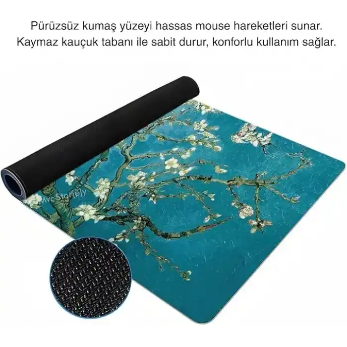 McStorey Van Gogh Desenli Masa Pedi 60x30 cm 3 mm Kaymaz Tabanlı Desk Mat Kumaş Mouse Pad Ofis Home Office İçin Geniş Pürüzsüz Yüzey Açık Yeşil