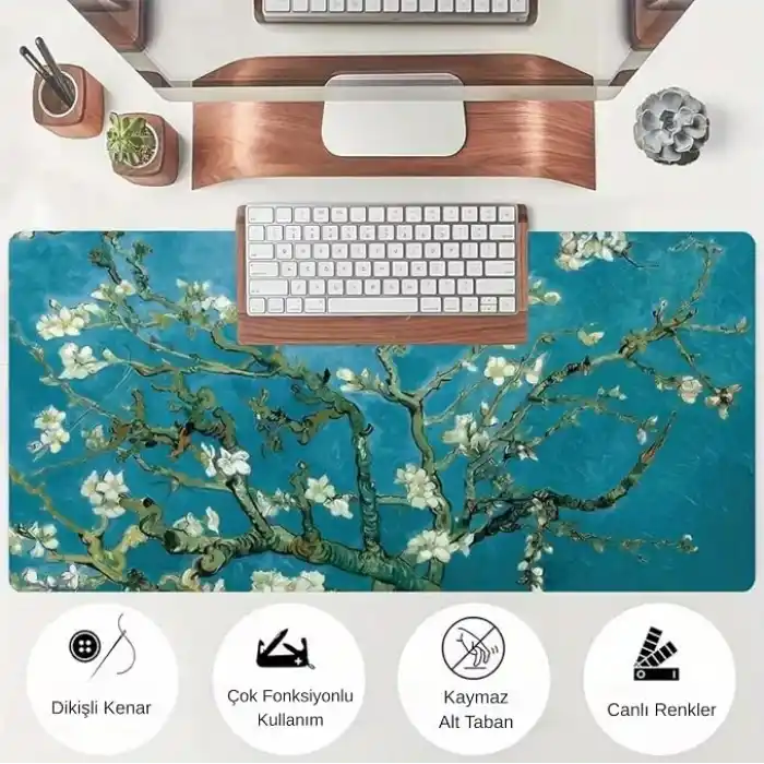 McStorey Van Gogh Desenli Masa Pedi 60x30 cm 3 mm Kaymaz Tabanlı Desk Mat Kumaş Mouse Pad Ofis Home Office İçin Geniş Pürüzsüz Yüzey Açık Yeşil