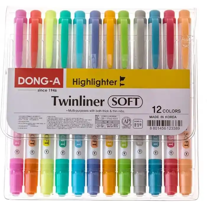 DONG-A Twinliner çift taraflı fosforlu kalem, ince ve geniş uçlar, 12 renk seti