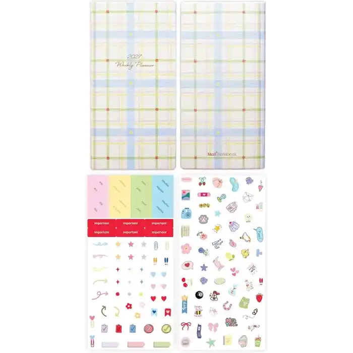 Matt Notebook 2027 Yılı Keten Haftalık Planlayıcı Kareli Cep Ajandası 9x18 cm Ekose