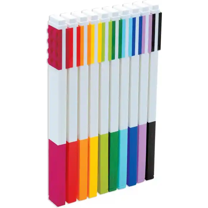 IQ LEGO İkonik Kırtasiye 10lu Paket Kalem: LEGO Plakalı Yaratıcı Hızlı Kuruyan Jel Kalem - 10 Renk Seti, İnce Uç 0,7 - Ofis Yazma Aleti