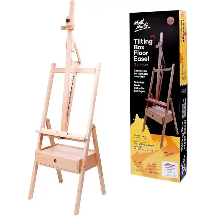 Mont Marte Signature eğimli kutu, zemin ressam sehpası, kayın ağacı, tuvalleri 92 cm yüksekliğe kadar tutar, açı ayarı, sağlam taban, sanat malzemeleri için entegre çekmeceler, sanatçı resim şövalesi.