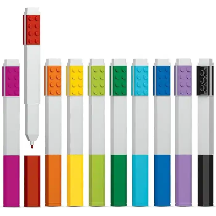 IQ LEGO İkonik Kırtasiye 10lu Paket Kalem: LEGO Plakalı Yaratıcı Hızlı Kuruyan Jel Kalem - 10 Renk Seti, İnce Uç 0,7 - Ofis Yazma Aleti