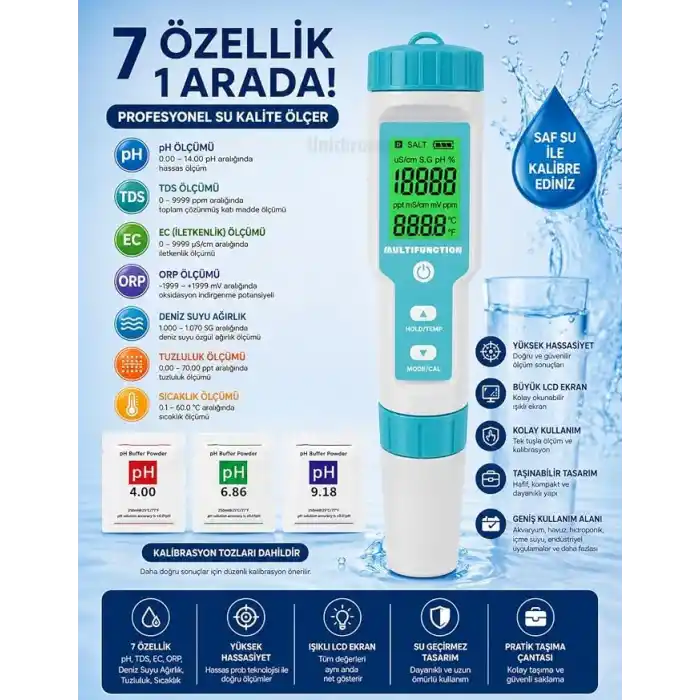Zauss 7in1 PH/TDS/EC/ORP/Deniz Suyu Ağırlık/Tuzluluk/Sıcaklık c-600 PH Ölçer Su Kalitesi Monitörü