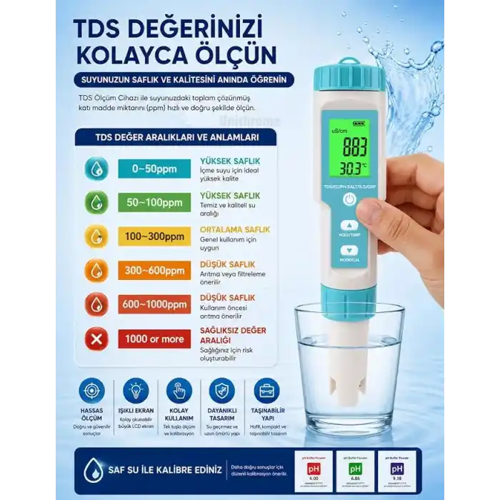 Zauss 7in1 PH/TDS/EC/ORP/Deniz Suyu Ağırlık/Tuzluluk/Sıcaklık c-600 PH Ölçer Su Kalitesi Monitörü