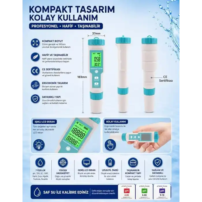 Zauss 7in1 PH/TDS/EC/ORP/Deniz Suyu Ağırlık/Tuzluluk/Sıcaklık c-600 PH Ölçer Su Kalitesi Monitörü