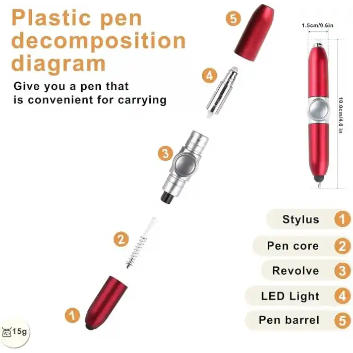 4’ü 1 Arada LED Işıklı Stres Çarklı Stylus Tükenmez Kalem – Telefon Uyumlu, Döner Mekanizma, Mini Çok Fonksiyonlu Kalem (Kırmızı)