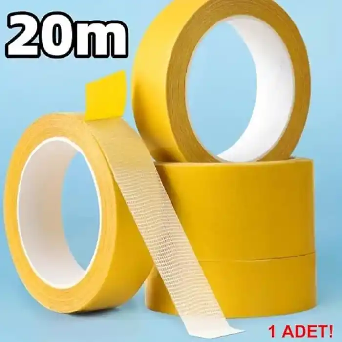 Örgülü Çift Taraflı Bant 20mm 20 Metre Fiber Takviyeli Dokuma Örgü Bez Destekli Silikon Yapıştırıcı Kalıntısız Soyulabilir Sabitleme Ahşap Isleme Sablonu Halı Kaydırmaz Montaj Bandı