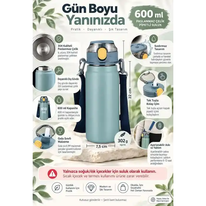 304 L Çelik Mavi 600 ml Askılı ve Pipetli Matara Suluk cin411mv