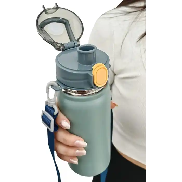 304 L Çelik Mavi 600 ml Askılı ve Pipetli Matara Suluk cin411mv