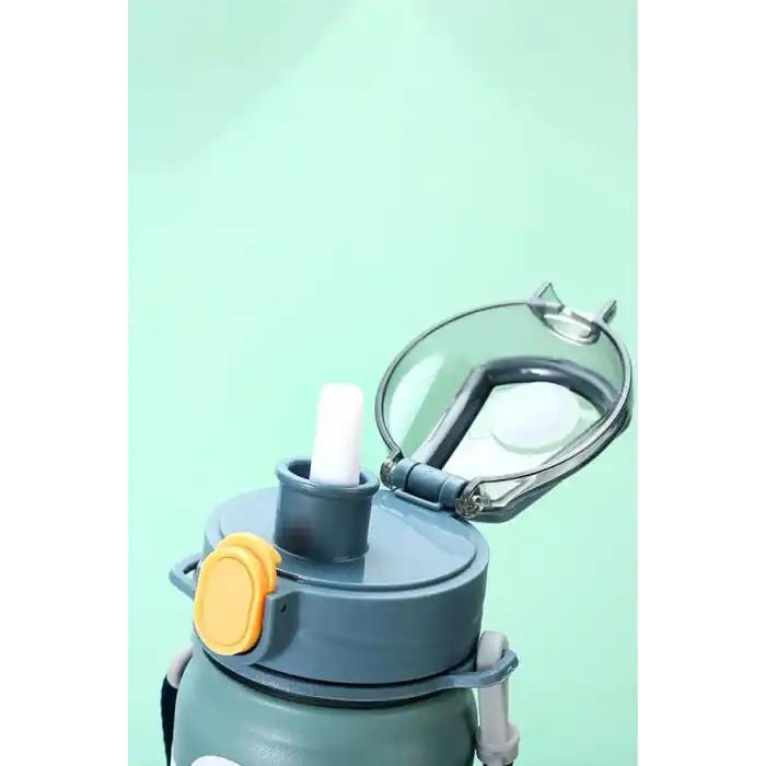 304 L Çelik Mavi 600 ml Askılı ve Pipetli Matara Suluk cin411mv