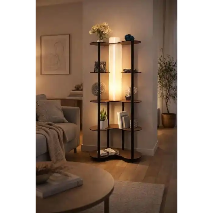 Kitaplık Lambader Ceviz | Raflı Ayaklı Lambader | E27 LED Uyumlu | MDF Gövde | Aletsiz Kurulum | Salon Yatak Odası Ofis Lambası