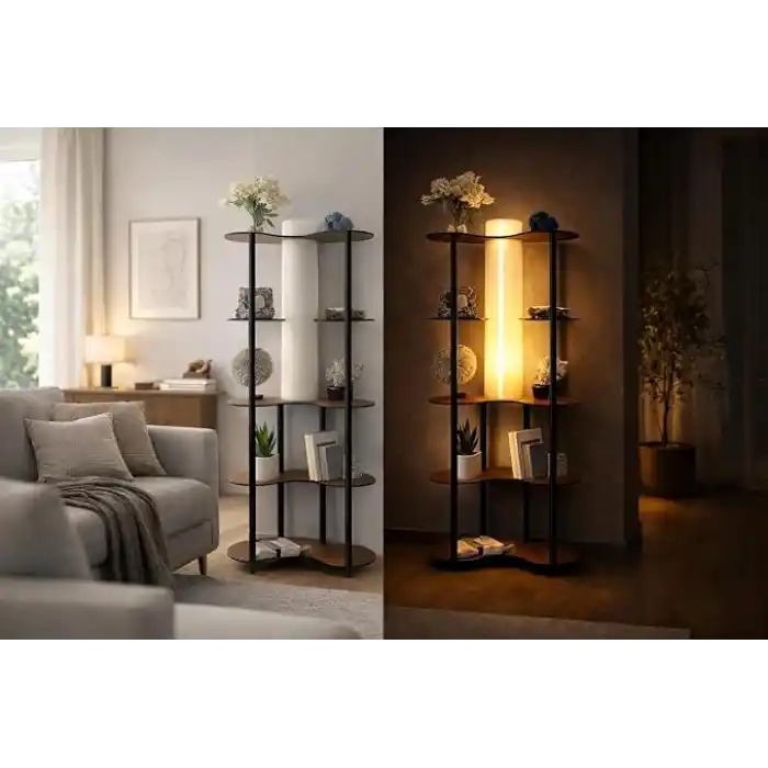 Kitaplık Lambader Ceviz | Raflı Ayaklı Lambader | E27 LED Uyumlu | MDF Gövde | Aletsiz Kurulum | Salon Yatak Odası Ofis Lambası