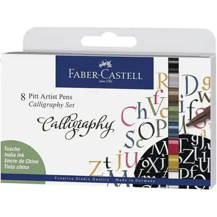 Faber-Castell Pitt Kaligrafi Çizim Kalemi Seti 8’li, 2 mm Kesik Uç, Kalıcı Hint Mürekkebi, Solmaya Dayanıklı, 8 Renk