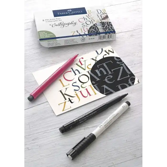 Faber-Castell Pitt Kaligrafi Çizim Kalemi Seti 8’li, 2 mm Kesik Uç, Kalıcı Hint Mürekkebi, Solmaya Dayanıklı, 8 Renk