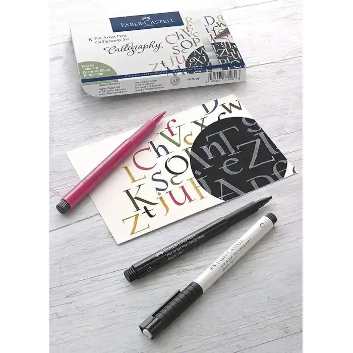 Faber-Castell Pitt Kaligrafi Çizim Kalemi Seti 8’li, 2 mm Kesik Uç, Kalıcı Hint Mürekkebi, Solmaya Dayanıklı, 8 Renk