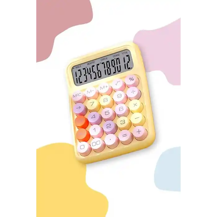 Renkli Hesap Makinesi - 12 Haneli Yuvarlak Tuşlu Sarı Renk Hesap Makinesi - 4 Fonksiyonlu Pil Hediye