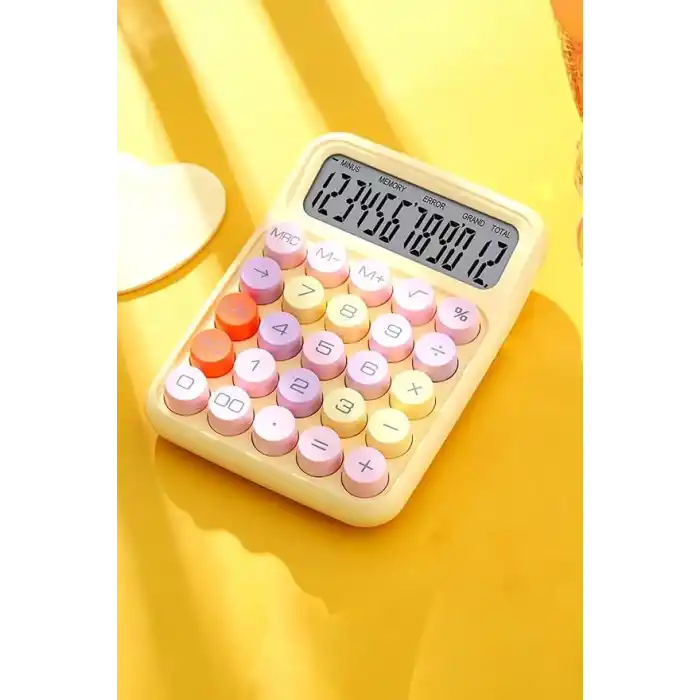 Renkli Hesap Makinesi - 12 Haneli Yuvarlak Tuşlu Sarı Renk Hesap Makinesi - 4 Fonksiyonlu Pil Hediye