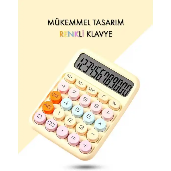 Renkli Hesap Makinesi - 12 Haneli Yuvarlak Tuşlu Sarı Renk Hesap Makinesi - 4 Fonksiyonlu Pil Hediye