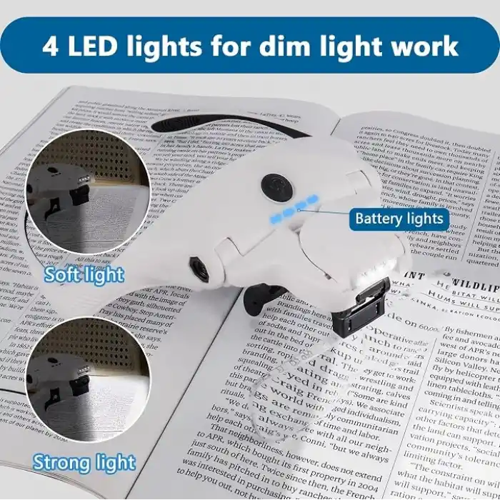 4 LEDli Büyüteç, 5 Çıkarılabilir Lensli 1X, 1,5X, 2X, 2,5X, 3,5X – Sanat El Sanatları, Kanaviçe, Hobi İçin Şarj Edilebilir, Elle Serbest Aydınlatmalı Baş Büyüteci