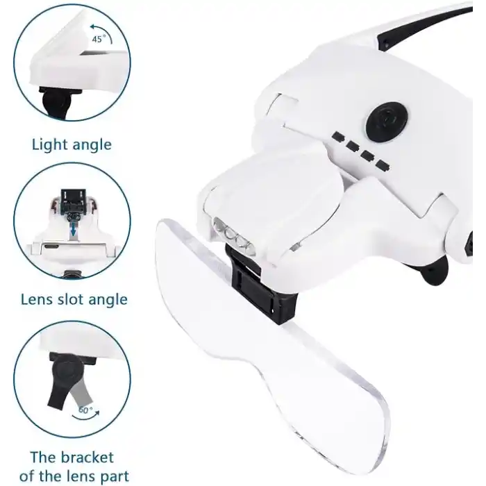4 LEDli Büyüteç, 5 Çıkarılabilir Lensli 1X, 1,5X, 2X, 2,5X, 3,5X – Sanat El Sanatları, Kanaviçe, Hobi İçin Şarj Edilebilir, Elle Serbest Aydınlatmalı Baş Büyüteci