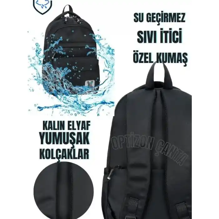 Siyah Spor Sırt Çantası ve Suluk Seti, Su İtici Kumaş, Hafif, Lise ve Ortaokul İçin
