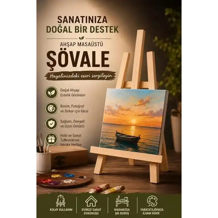 Masaüstü Şövale, Ahşap, Mini Şövale, Üç Ayaklı, Resim Şövalesi, Ressam Sehpası 29x35