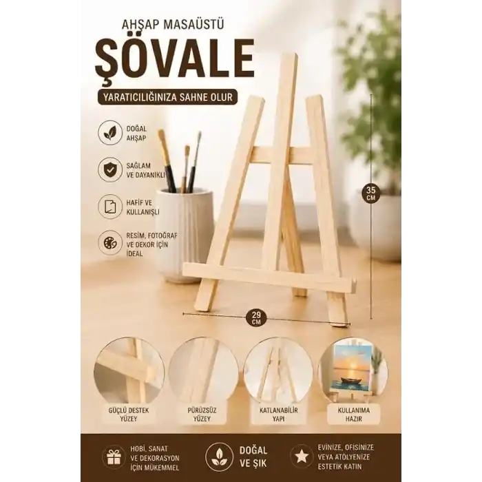 Masaüstü Şövale, Ahşap, Mini Şövale, Üç Ayaklı, Resim Şövalesi, Ressam Sehpası 29x35