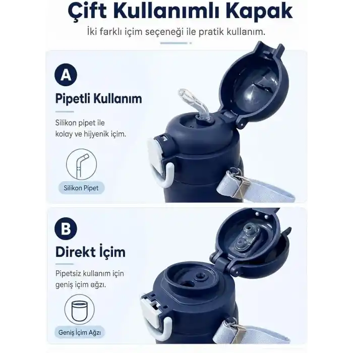 Paslanmaz Çelik Çocuk Su Matarası 600 ml Pipetli Tek Kapak Çift İçim (Lacivert)