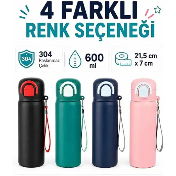 Paslanmaz Çelik Çocuk Su Matarası 600 ml Pipetli Tek Kapak Çift İçim (Lacivert)