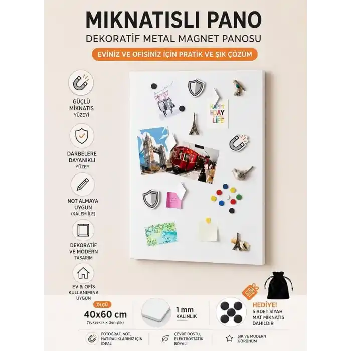 Mıknatıslı Pano, Beyaz Renk, 40x60 Cm, Dekoratif Metal Magnet Panosu
