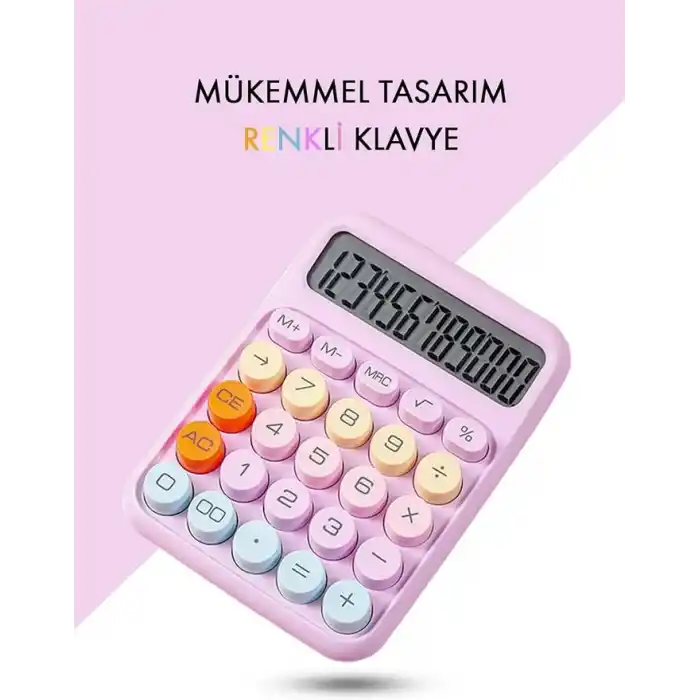 Renkli Hesap Makinesi - 12 Haneli Yuvarlak Tuşlu Mor Renk Hesap Makinesi - 4 Fonksiyonlu Pil Hediye