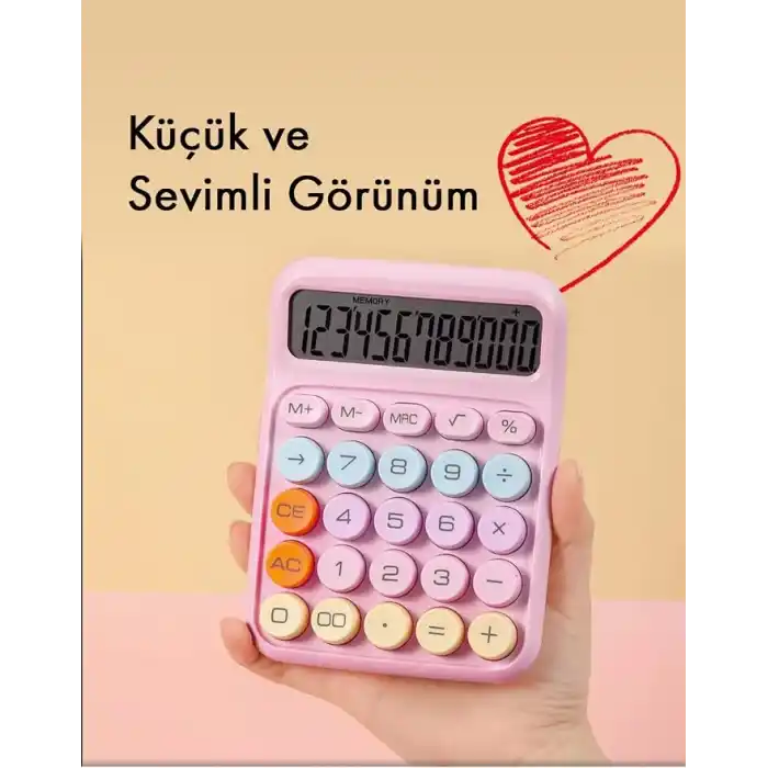 Renkli Hesap Makinesi - 12 Haneli Yuvarlak Tuşlu Mor Renk Hesap Makinesi - 4 Fonksiyonlu Pil Hediye