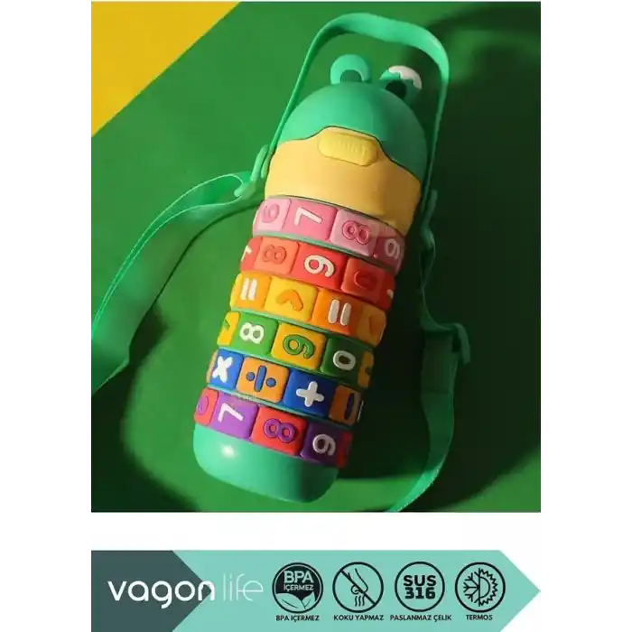 Vagonlife 430ml Sevimli Kulaklı Eğitici Matematik Çevirmeli Oyunlu Pipetli Askılı Kulplu Çocuk Çelik Termos (Yeşil)