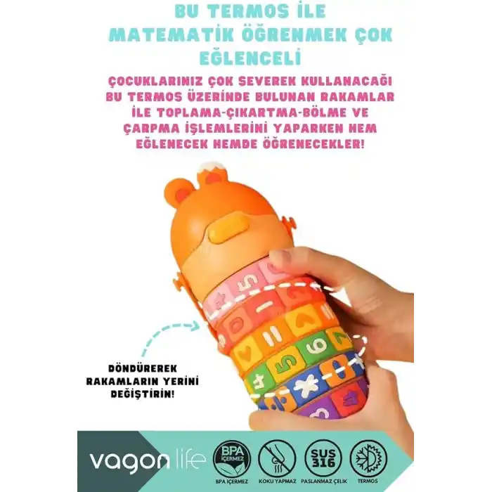 Vagonlife 430ml Sevimli Kulaklı Eğitici Matematik Çevirmeli Oyunlu Pipetli Askılı Kulplu Çocuk Çelik Termos (Yeşil)